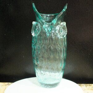 MCM Blenko Style Aqua Honeycomb 8 3/4” Owl Vase With Applied Eyes